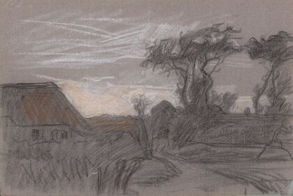 Landschap met bomen en een pad langs een huis