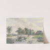 Landschap met bruggetje en figuren voor een boerderij by Johannes Warnardus Bilders