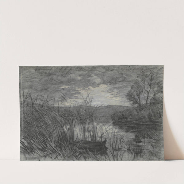 Landschap met een roeiboot tussen het riet van een rivier by Jan Veth