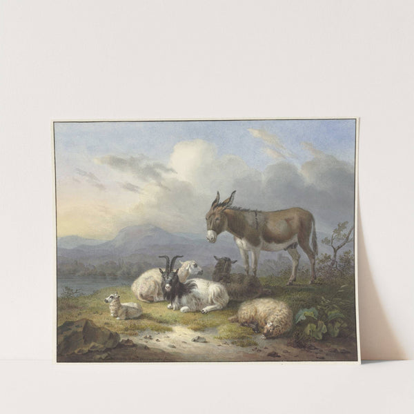 Landschap met ezel, geit en schapen by Dirk van Oosterhoudt