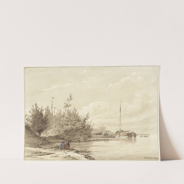 Landschap met gemeerde boten aan een rivieroever (c. 1855) by Lambertus Hardenberg
