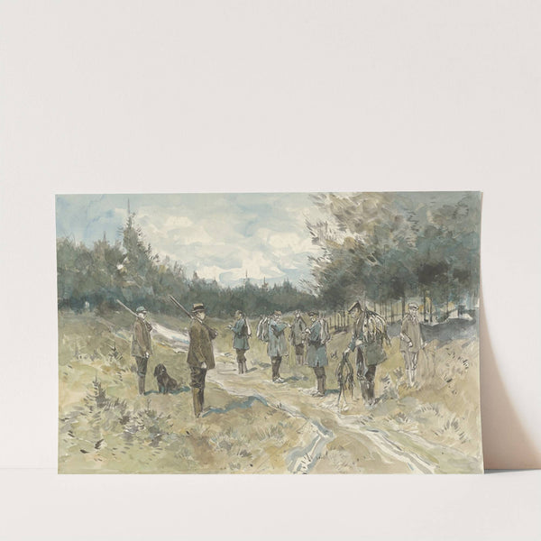 Landschap met groep jagers na de jacht op de Leusderhei by Jan van Essen