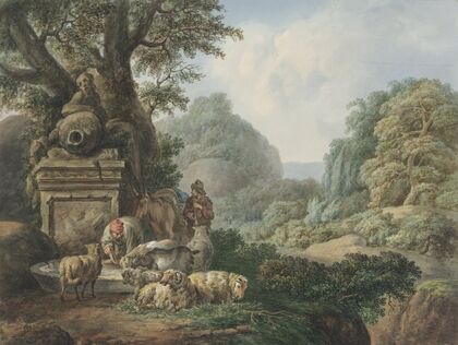 Landschap met herders bij een waterplaats