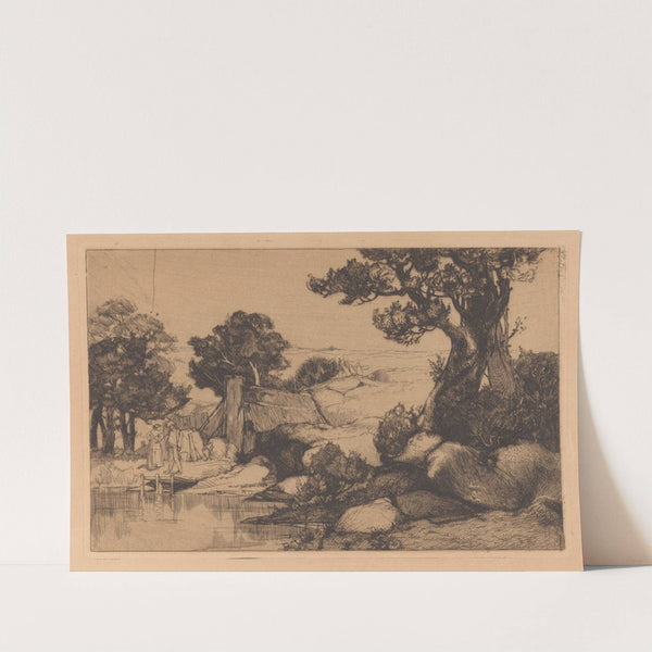 Landschap met man en vrouw aan oever by Johannes Josephus Aarts