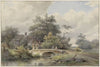 Landschap met stenen brug bij een huis