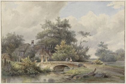 Landschap met stenen brug bij een huis