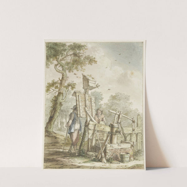 Landschap met twee mannen bij een aanplakbord bij een waterpomp, Bartholomeus Barbiers, after c. 1750 - 1808 by Bartholomeus Barbiers