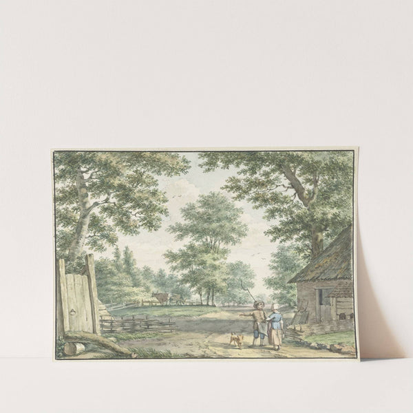 Landschap met twee personen bij een boerenwoning by Izaak Schmidt