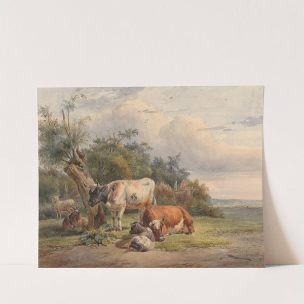 Landschap met vee bij een boom by Simon van den Berg