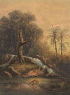Landschap met waterval en drinkend luipaard. Woest landschap (oosthoek van Java) (1869)