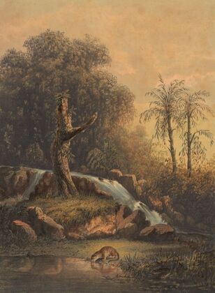 Landschap met waterval en drinkend luipaard. Woest landschap (oosthoek van Java) (1869)