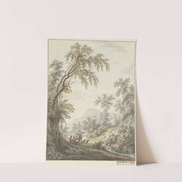 Landschap met watervalletje en in de verte een kasteel by Johann Heinrich Müntz