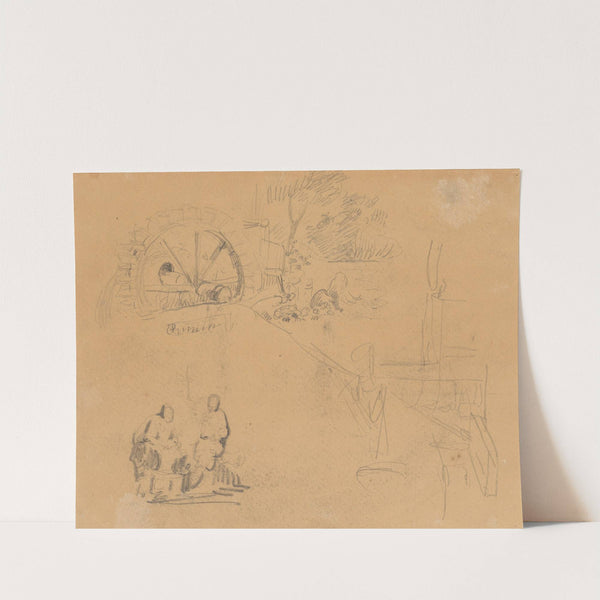 Landschapsfragment met waterrad en twee figuren by James Ensor