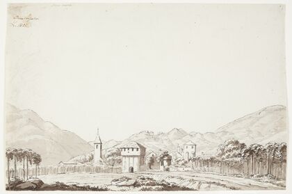 Landskab fra Domodossola i Schweiz med kirke og vagtårn