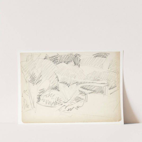 Landskab fra en have med en halvrund havebænk by Edvard Weie