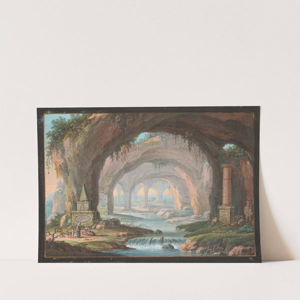 Landskab med gennembrudte grotter, gravmonumenter, en flod og figurer by Margaretha Barbara Dietzsch