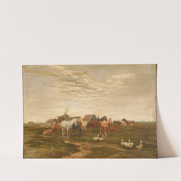 Landskab med heste og køer på engen ved en gård by Luplau Janssen