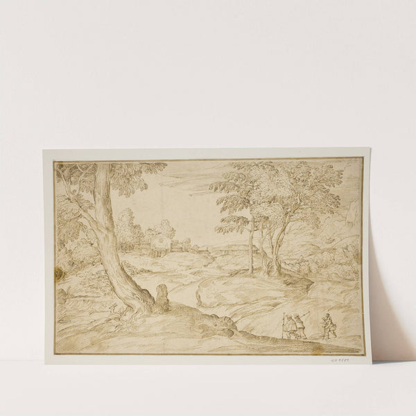 Landskab med pilgrimme på vej til en kirke by Domenico Campagnola