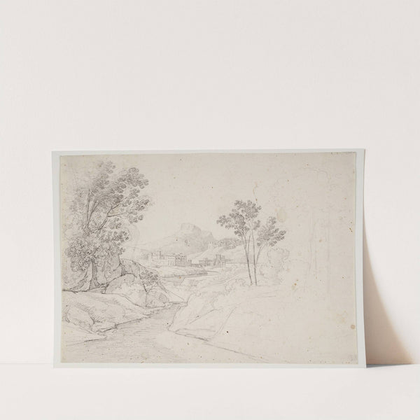 Landsskabsstudie med bygninger ved vandløb Italien by Johan Ludvig Lund