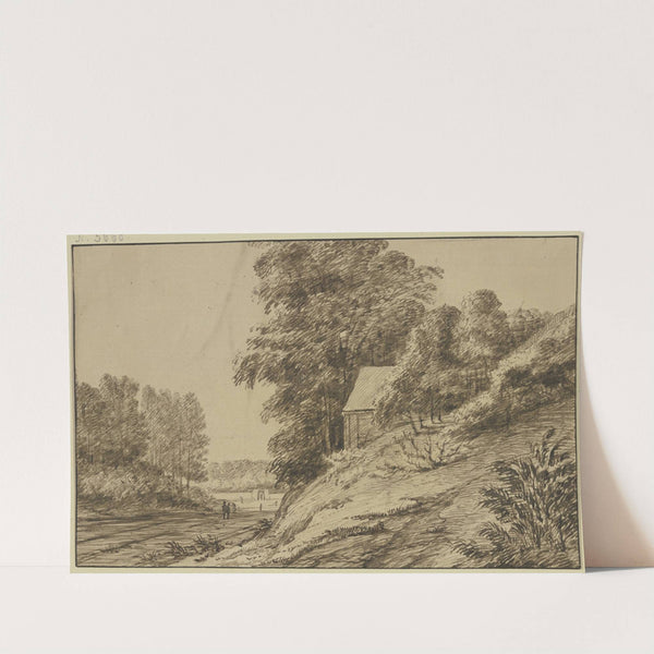 Landstraße durch den Wald, rechts unter hohen Bäumen auf einem Abhang eine Hütte by Jacob Esselens