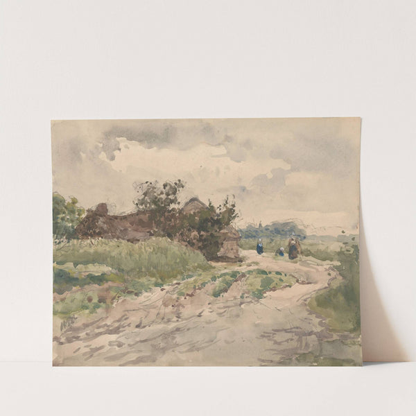 Landweg met enkele figuren, leidend naar een boerderij by Julius Jacobus van de Sande Bakhuyzen