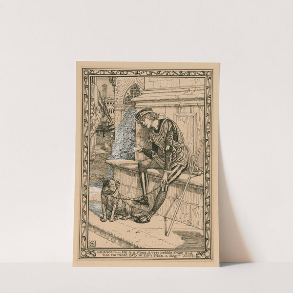 Launce; ‘…He is a stone, a very pebble stone and has no more pity in him than a dog’, act II, sc. 2 by Walter Crane