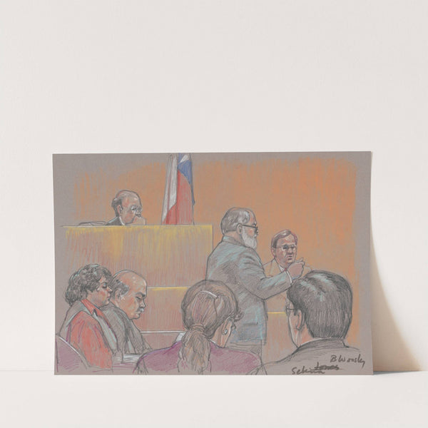 Lawyer speaking in front of judge, witness and others during trial of Yolanda Saldivar for the murder of the singer Selena by Brigitte Woosley