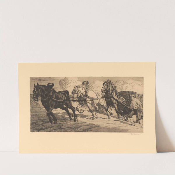 Le coup de collier ; Trois chevaux attelés en flèche tirant un tombereau by Constant Eugène de Busschere