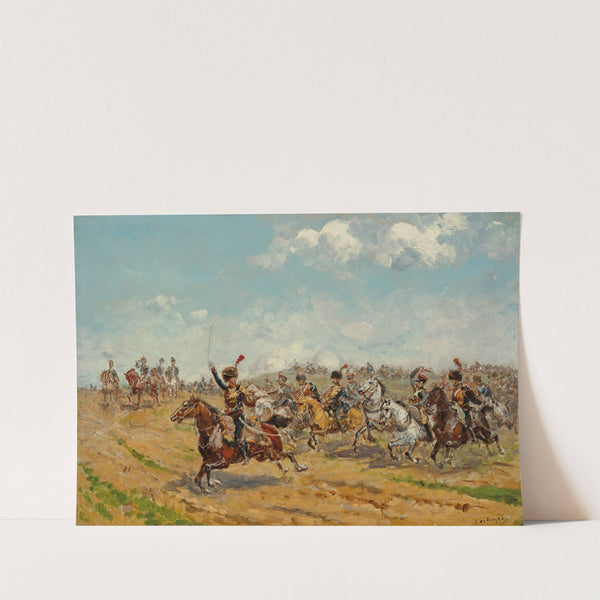 Le maréchal Augereau, après avoir dirigé la division Heudelet, déploie son artillerie sur le plateau du Landgrafenberg à la bataille d'Iéna le 14 octobre 1806 by Paul Emile Léon Perboyre