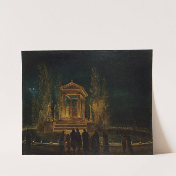 Le Mausolée provisoire de Jean-Jacques Rousseau, sur le bassin des Tuileries, avant la translation de ses cendres au Panthéon. Nuit du 10 au 11 octobre 1794 (1794) by Hubert Robert