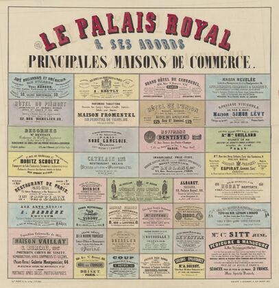 Le Palais Royal et ses abords placard d’annonces publicitaires pour différents commerces (1861)