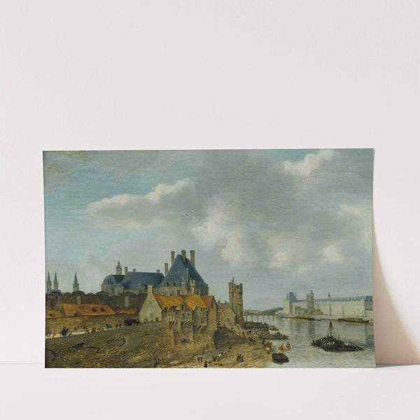 Le quartier du Petit Nesle avec l'Hôtel de Nevers, la tour de Nesle, la Grande Galerie du Louvre et le pont Royal (en bois), vus du Pont-Neuf. by Abraham de Verwer