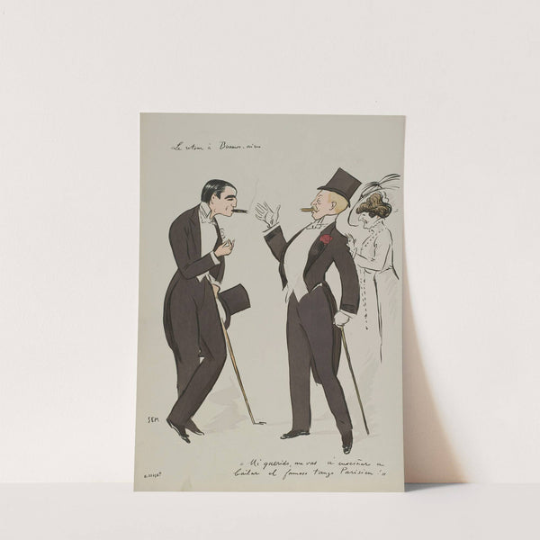 Le retour à Buenos Aires ; Carlos Gardel, Boni de Castellane, Melle Iznaga (1913) by Georges Goursat (Sem)