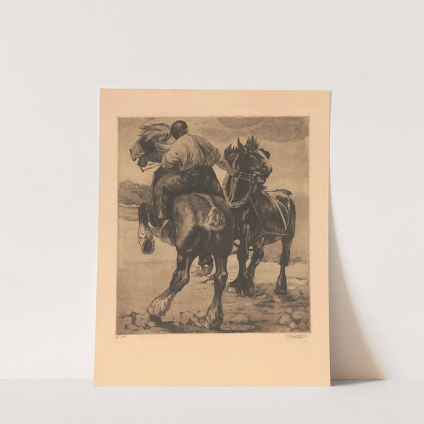 Le révolté ; Paysan montant un cheval qui se cabre, en difficulté avec une jument qu’il conduit à la bride by Constant Eugène de Busschere