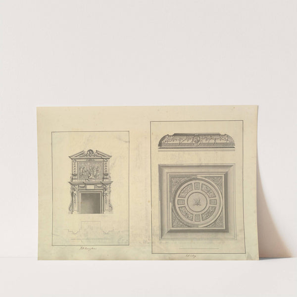 Leaf from Aedes Walpolianae mounted with two drawings; (a); Hall Chimney-Piece, Houghton Hall, Norfolk; (b); Hall Ceiling, Houghton Hall, Norfolk by Isaac Ware