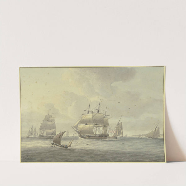 Leicht bewegte See, unter vielen Schiffen ein Dreimaster mit vollen Segeln nach links, vorne ein Segelboot by Dominic Serres