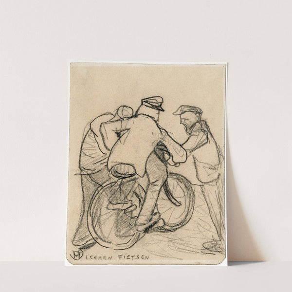 Leren fietsen, twee figuren helpen een derde op de fiets by Theo van Hoytema