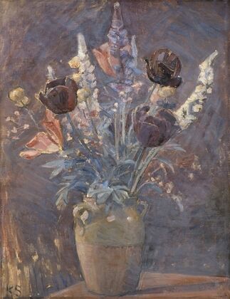 Lervase Med Tulipaner Og Andre Blomster