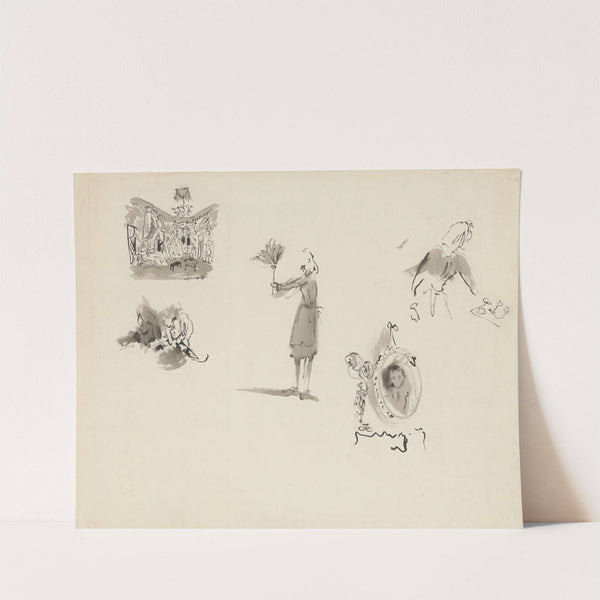 Les Bonnes – maquette de décor – planche – un décor, trois esquisses costumes bonne, portrait de Monsieur (1947) by Christian Bérard