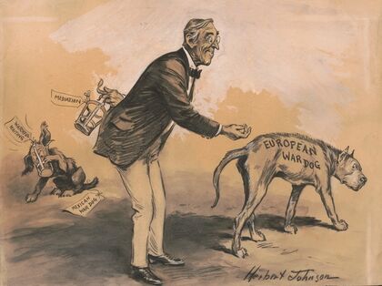 President Woodrow Wilson trying to coax the European war dog (1915)