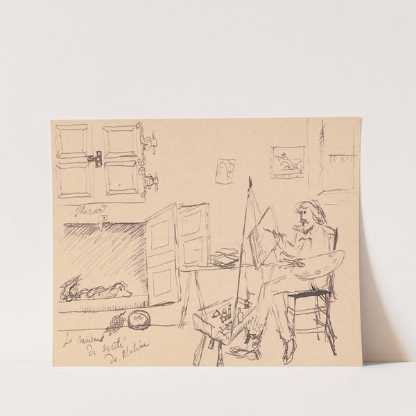 Letter to Maria Mickiewiczówna with a drawing [self-portrait of the artist painting a picture at their workshop, with the ill dog Malina lying in its by Tadeusz Makowski