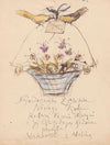 Letter with new year’s wishes for Maria Mickiewiczówna and her parents, with a drawing showing a basket with flowers carried by two little birds (1922)