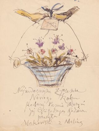 Letter with new year’s wishes for Maria Mickiewiczówna and her parents, with a drawing showing a basket with flowers carried by two little birds (1922)