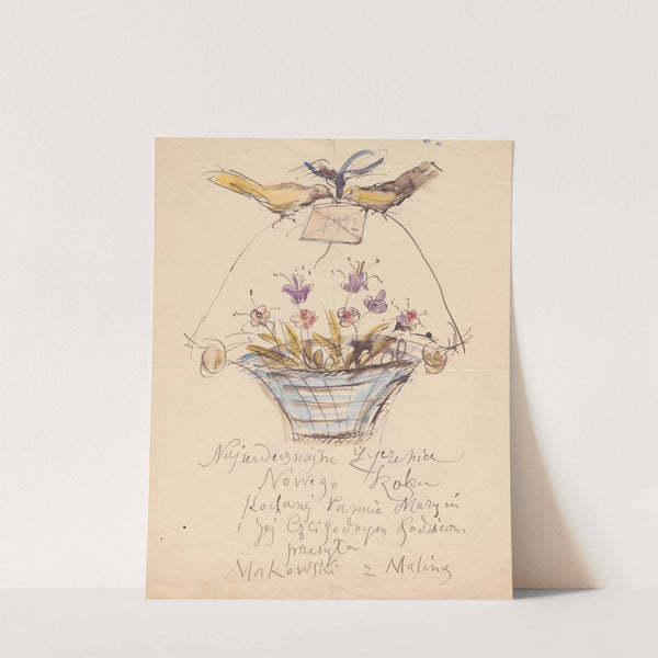 Letter with new year’s wishes for Maria Mickiewiczówna and her parents, with a drawing showing a basket with flowers carried by two little birds (1922) by Tadeusz Makowski