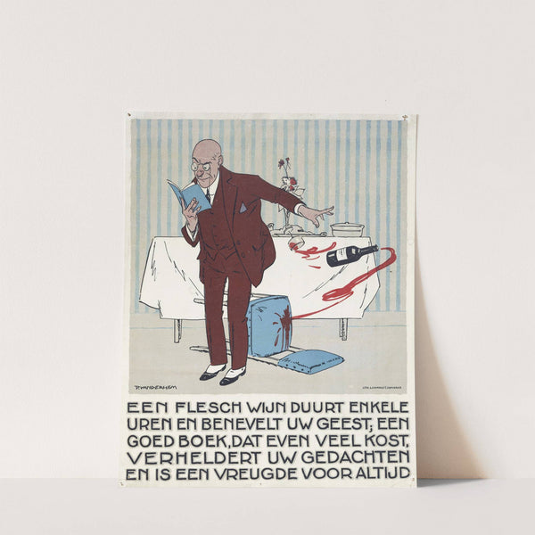 Lezende man stoot per ongeluk een fles en glas wijn van tafel by Piet van der Hem