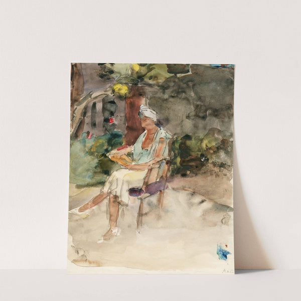 Lezende vrouw op een stoel in een tuin by Isaac Israëls