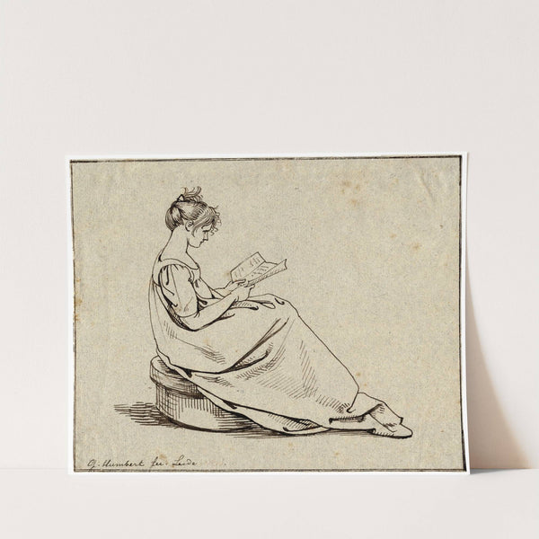 Lezende vrouw, zittend op een poef, naar rechts gewend by David Humbert de Superville