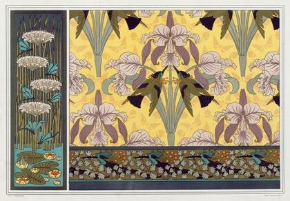 Libellules, butome en ombelle, nénuphars, panneau. Oiseaux-mouches et orchidées, étoffe. Oiseaux-mouches et capillaires, bordure.