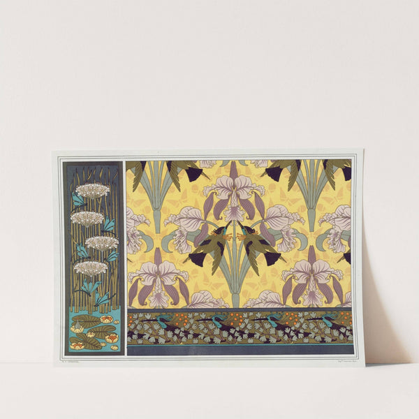 Libellules, butome en ombelle, nénuphars, panneau. Oiseaux-mouches et orchidées, étoffe. Oiseaux-mouches et capillaires, bordure. by Maurice Pillard Verneuil