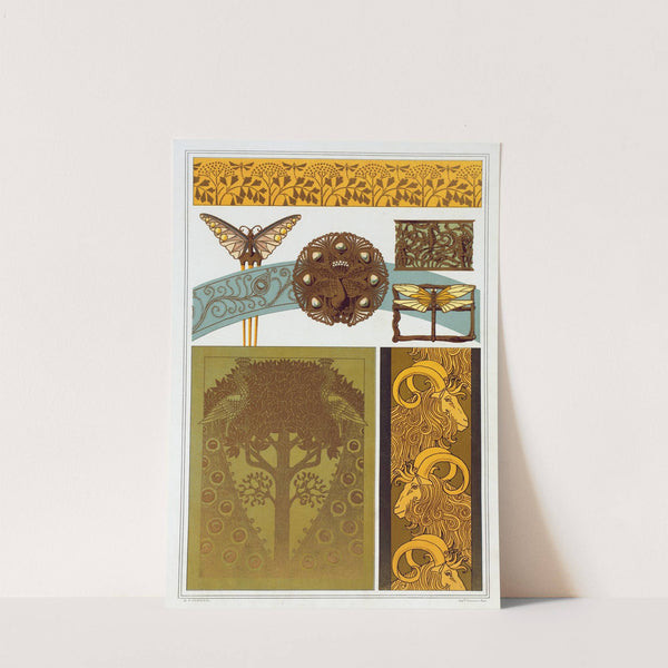 Libellules, fer à dorer; papillon, paon, hippocampes et libellule, bijoux; paons, fer à dorer; chèvres, bordure by Maurice Pillard Verneuil